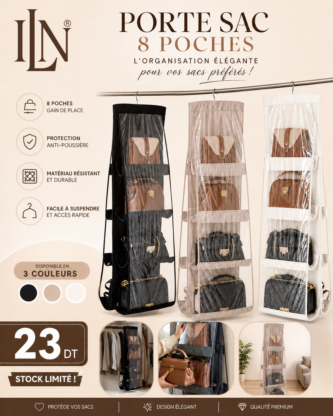 Support de Rangement Ilena – Organisateur Suspendu pour Sacs et Accessoires